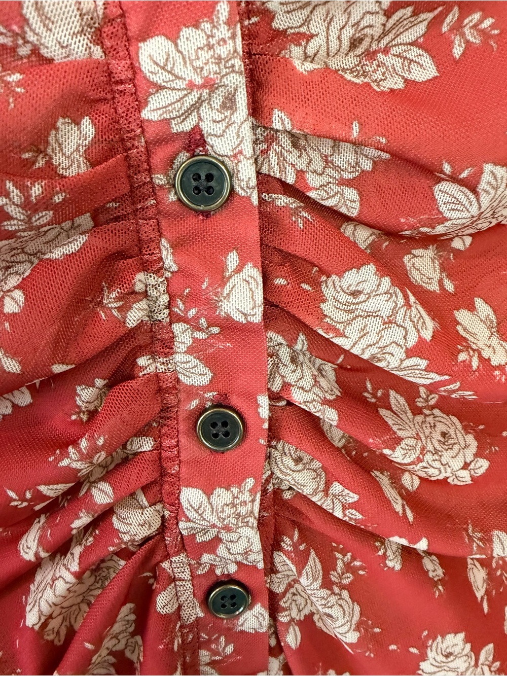 Altar’d State Red Floral Mesh Ruched Button Front Top - Picture 4 of 7